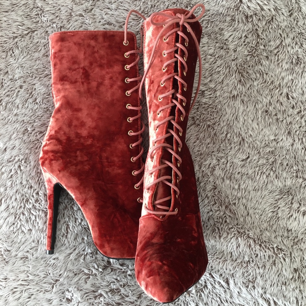 Boohoo Red Velvet Lace-Up Heeled Boots